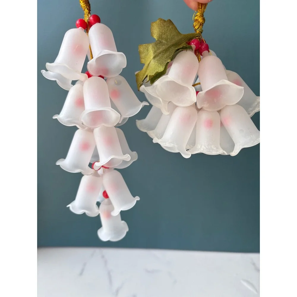 Vintage Glass Frosted Lily of the Valley Bell Flower Clusters Red Berry 2pc